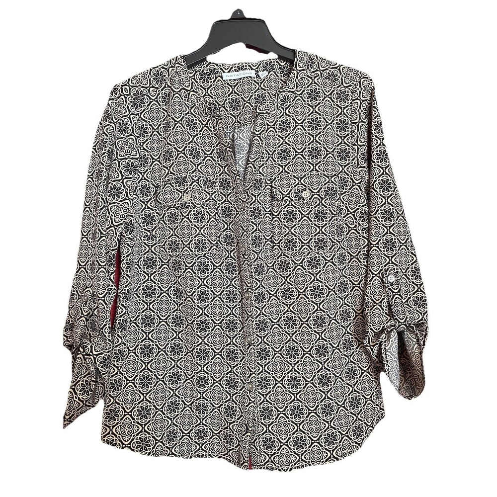 Notations Women's Blouse Top Black Cream Button Long Sleeve Roll Tab Size M
